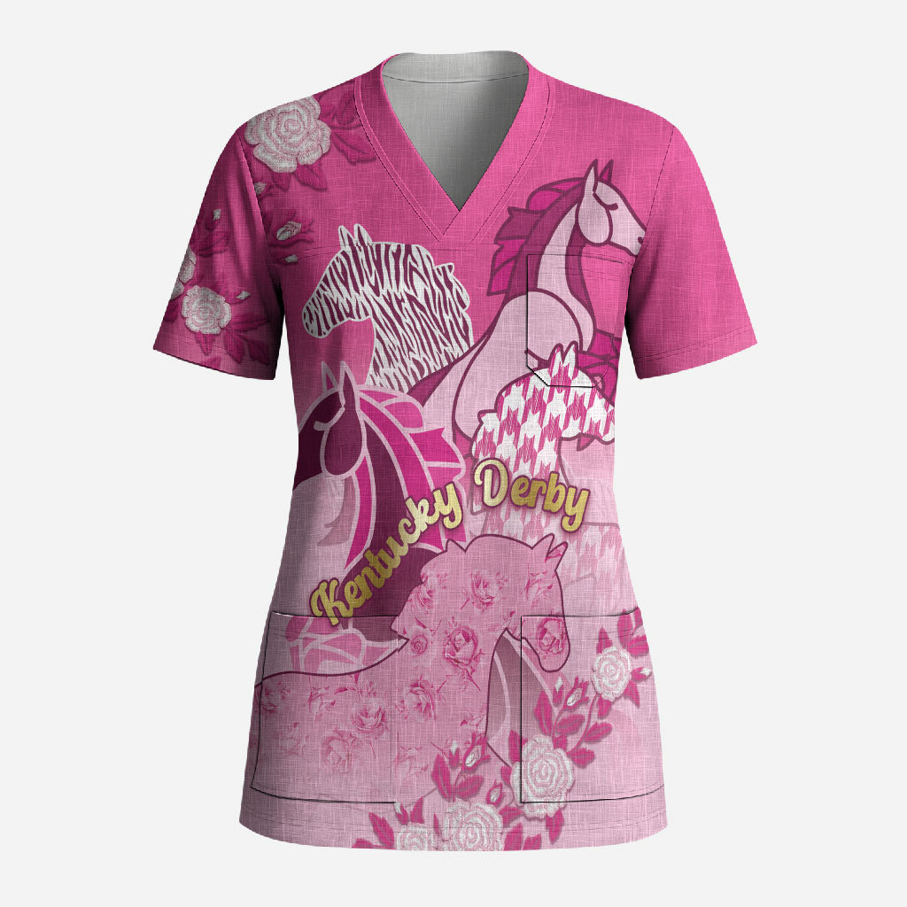 Personalized Kentucky Horse Scrub Top Roses Equestrian Pattern Houndstooth Floral