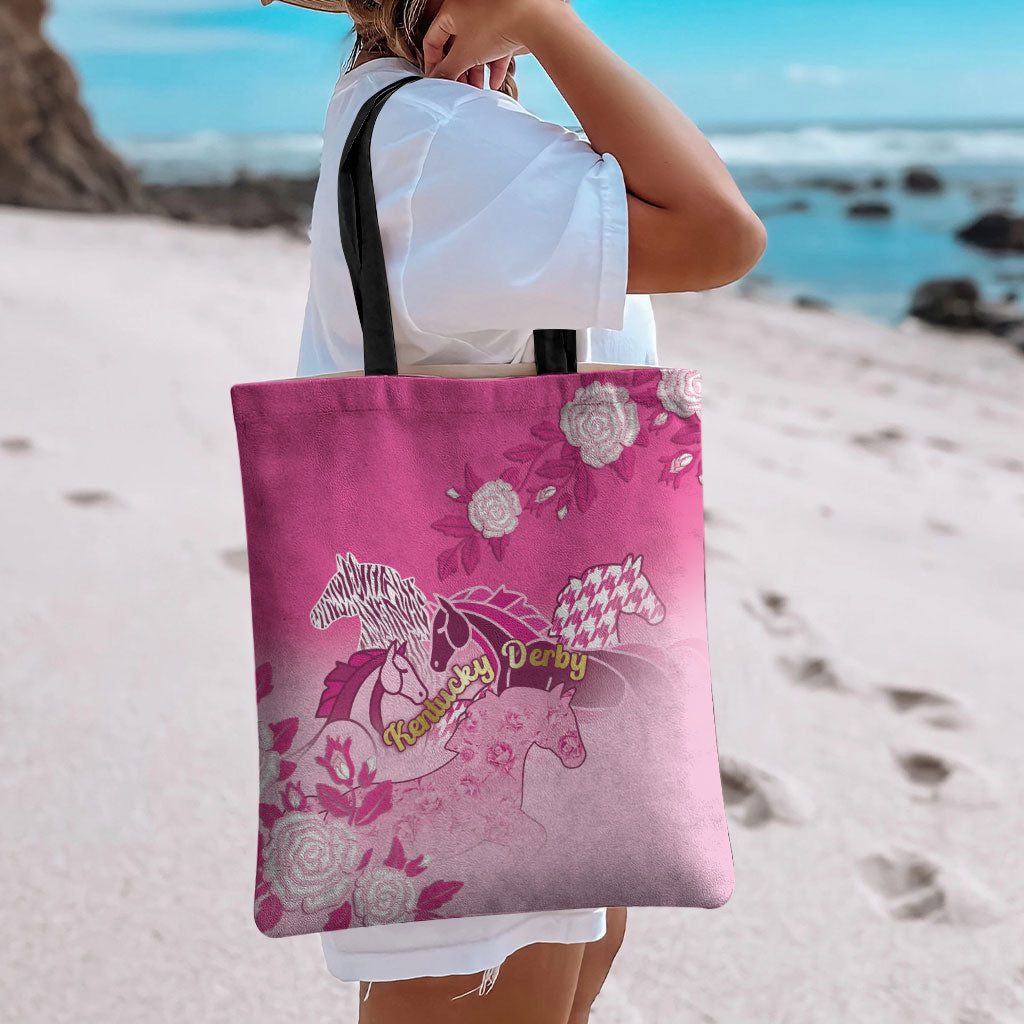 Kentucky Horse Tote Bag Roses Equestrian Pattern Houndstooth Floral