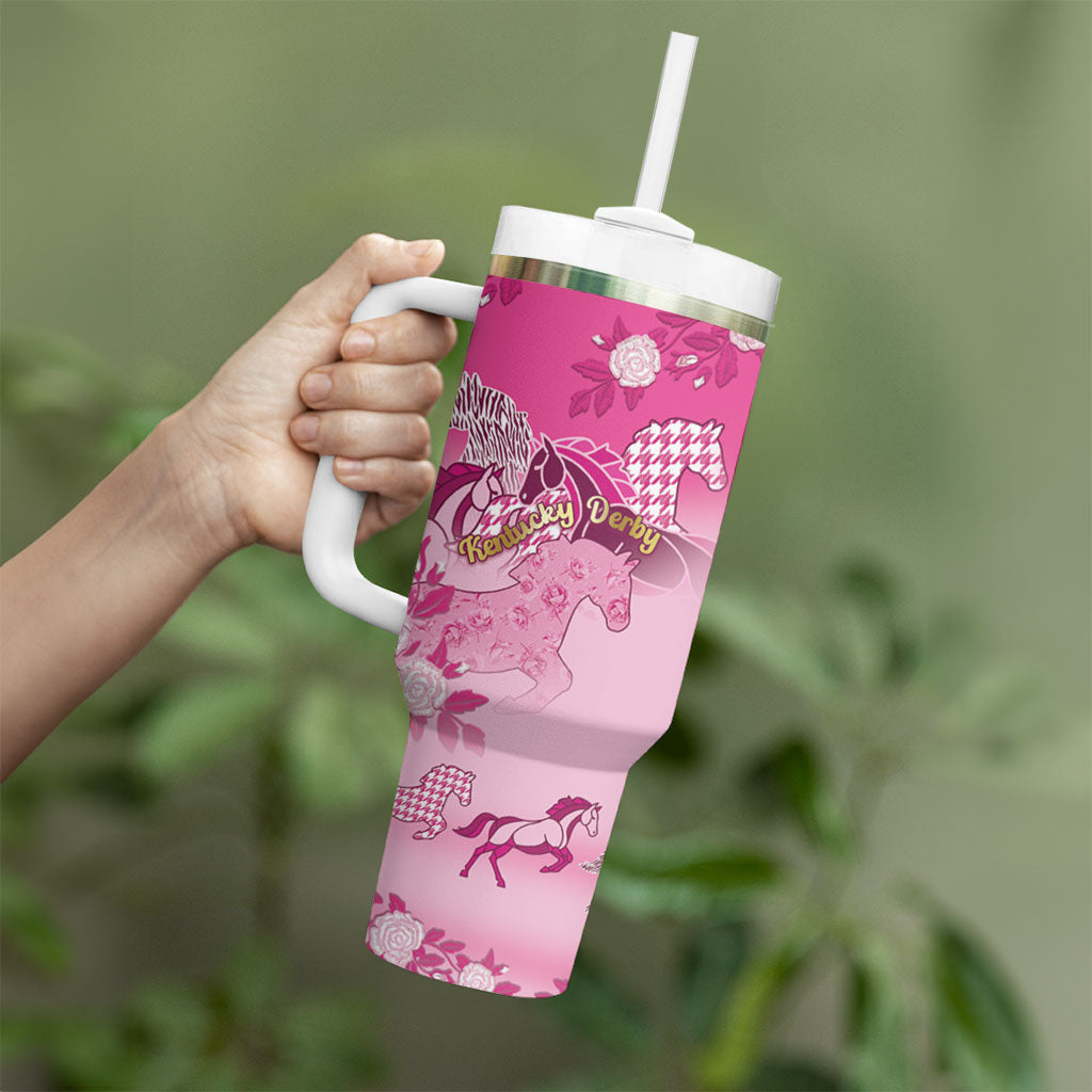 Personalized Kentucky Horse Tumbler With Handle Roses Equestrian Pattern Houndstooth Floral