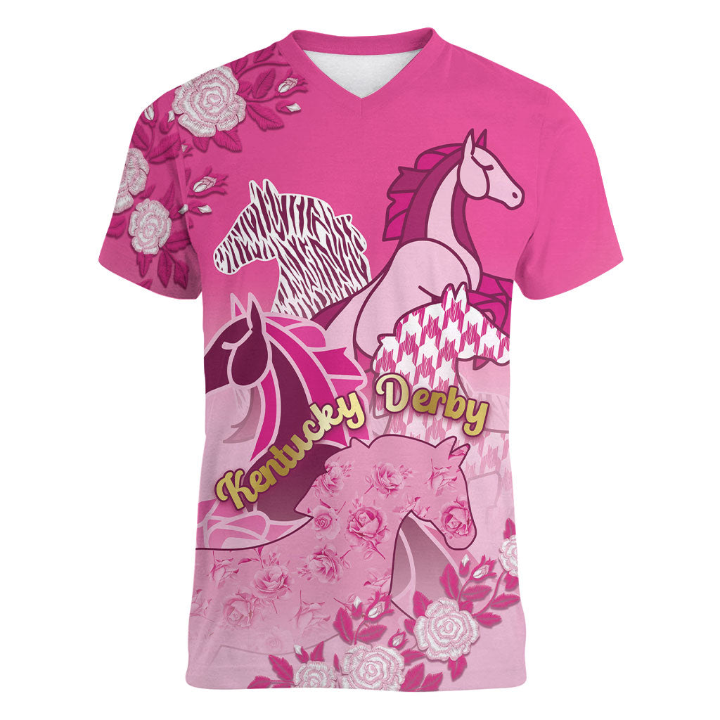 Personalized Kentucky Horse Women V-Neck T-Shirt Roses Equestrian Pattern Houndstooth Floral