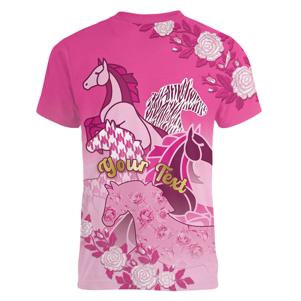 Personalized Kentucky Horse Women V-Neck T-Shirt Roses Equestrian Pattern Houndstooth Floral