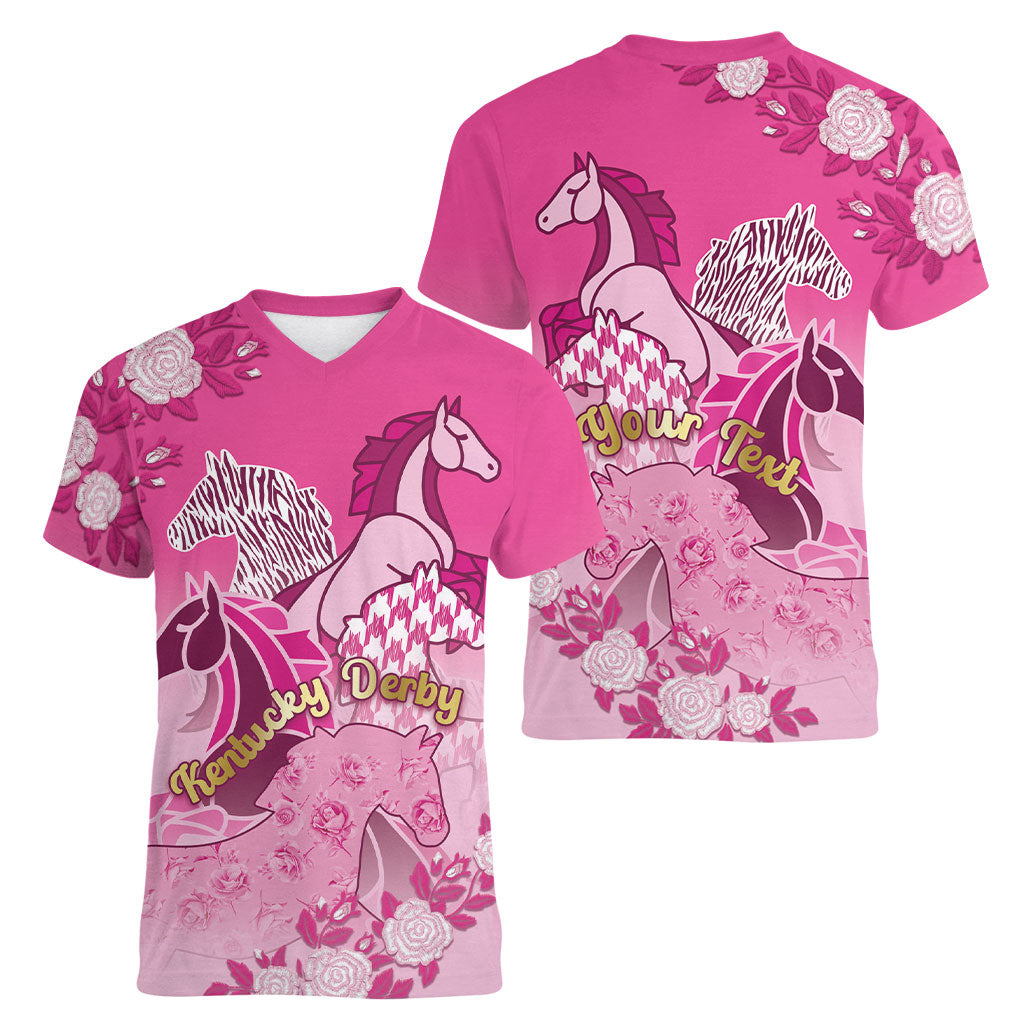 Personalized Kentucky Horse Women V-Neck T-Shirt Roses Equestrian Pattern Houndstooth Floral