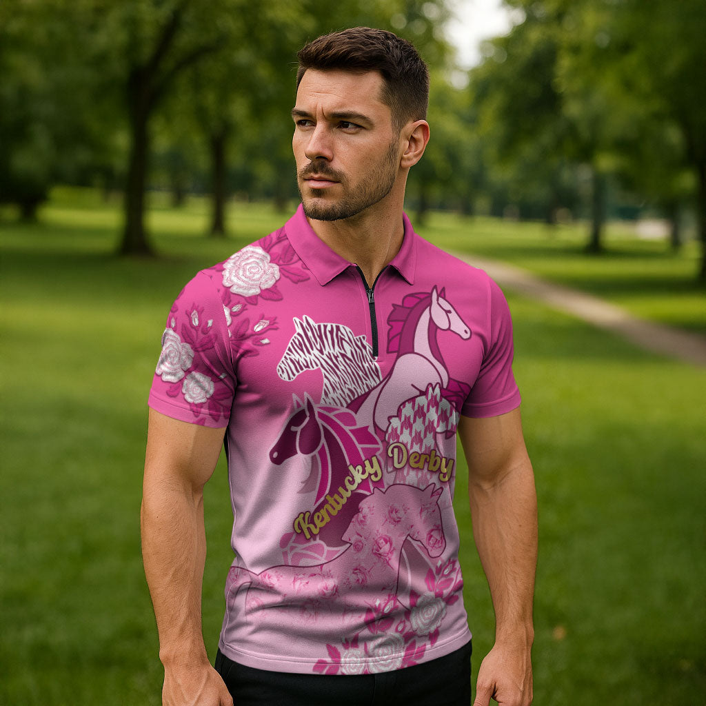 Personalized Kentucky Horse Zipper Polo Shirt Roses Equestrian Pattern Houndstooth Floral