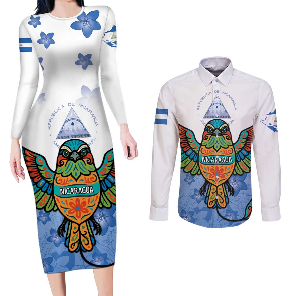 Nicaragua Couples Matching Long Sleeve Bodycon Dress and Long Sleeve Button Shirt Guardabarranco Bird With Sacuanjoche