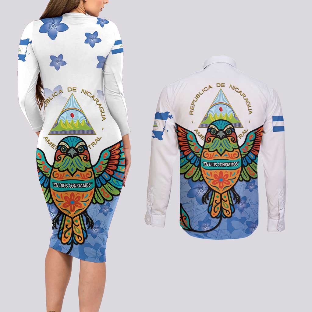 Nicaragua Couples Matching Long Sleeve Bodycon Dress and Long Sleeve Button Shirt Guardabarranco Bird With Sacuanjoche