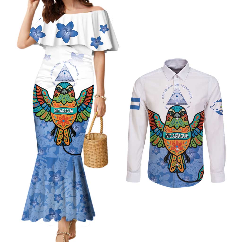 Nicaragua Couples Matching Mermaid Dress and Long Sleeve Button Shirt Guardabarranco Bird With Sacuanjoche