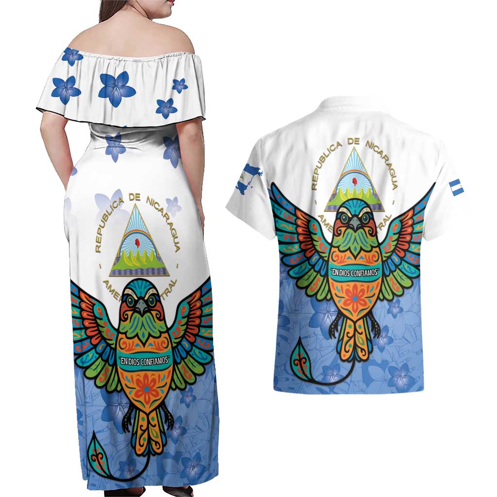 Nicaragua Couples Matching Off Shoulder Maxi Dress and Hawaiian Shirt Guardabarranco Bird With Sacuanjoche