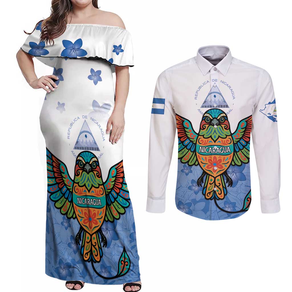 Nicaragua Couples Matching Off Shoulder Maxi Dress and Long Sleeve Button Shirt Guardabarranco Bird With Sacuanjoche