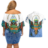 Nicaragua Couples Matching Off Shoulder Short Dress and Hawaiian Shirt Guardabarranco Bird With Sacuanjoche