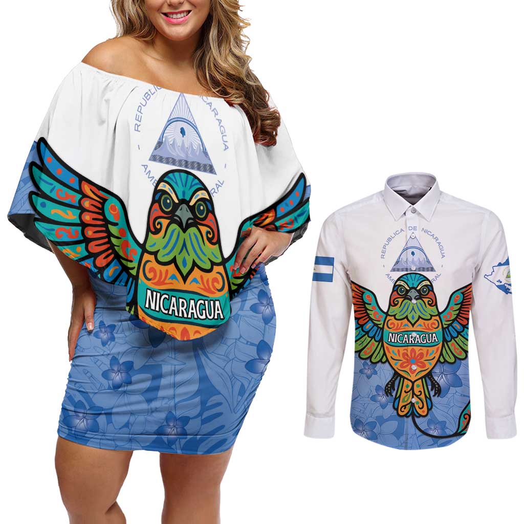 Nicaragua Couples Matching Off Shoulder Short Dress and Long Sleeve Button Shirt Guardabarranco Bird With Sacuanjoche