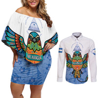 Nicaragua Couples Matching Off Shoulder Short Dress and Long Sleeve Button Shirt Guardabarranco Bird With Sacuanjoche