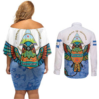 Nicaragua Couples Matching Off Shoulder Short Dress and Long Sleeve Button Shirt Guardabarranco Bird With Sacuanjoche