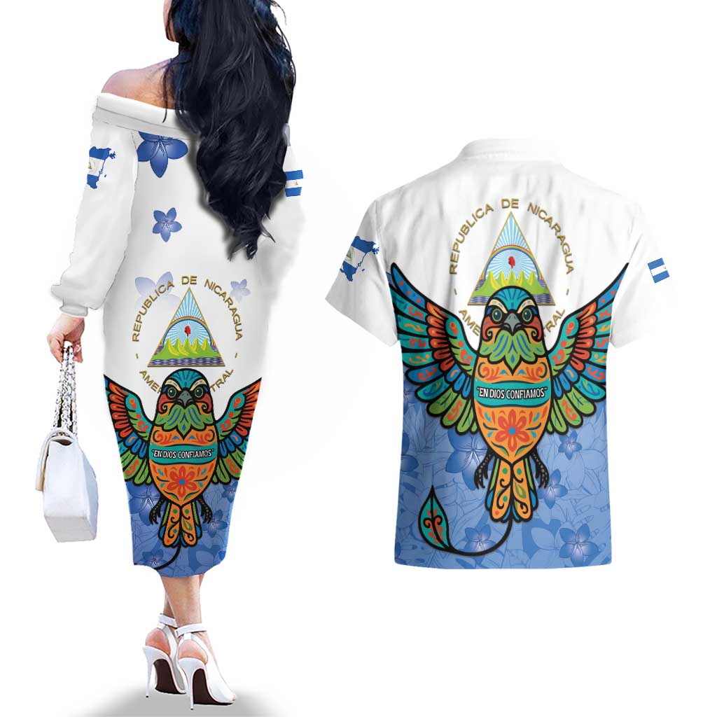 Nicaragua Couples Matching Off The Shoulder Long Sleeve Dress and Hawaiian Shirt Guardabarranco Bird With Sacuanjoche