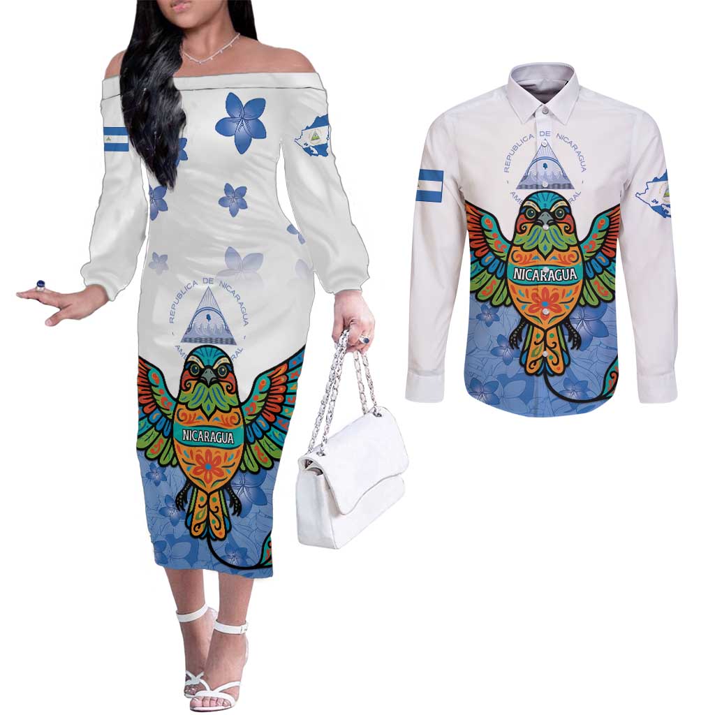 Nicaragua Couples Matching Off The Shoulder Long Sleeve Dress and Long Sleeve Button Shirt Guardabarranco Bird With Sacuanjoche