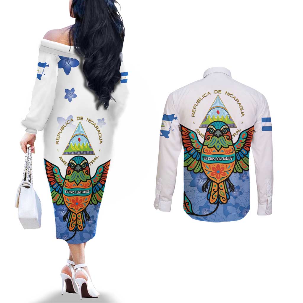 Nicaragua Couples Matching Off The Shoulder Long Sleeve Dress and Long Sleeve Button Shirt Guardabarranco Bird With Sacuanjoche