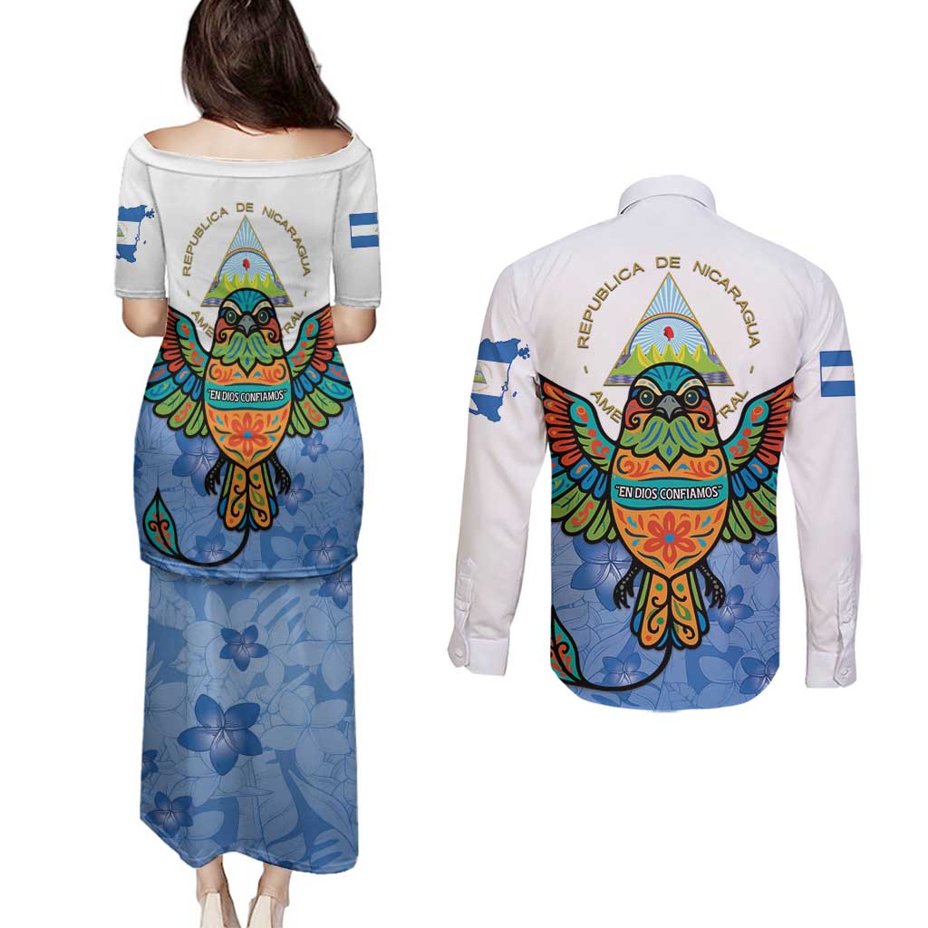 Nicaragua Couples Matching Puletasi and Long Sleeve Button Shirt Guardabarranco Bird With Sacuanjoche