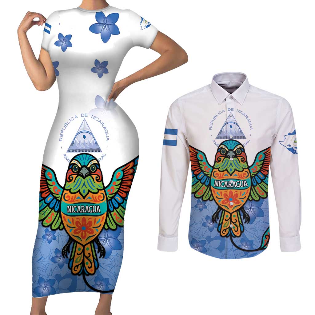 Nicaragua Couples Matching Short Sleeve Bodycon Dress and Long Sleeve Button Shirt Guardabarranco Bird With Sacuanjoche
