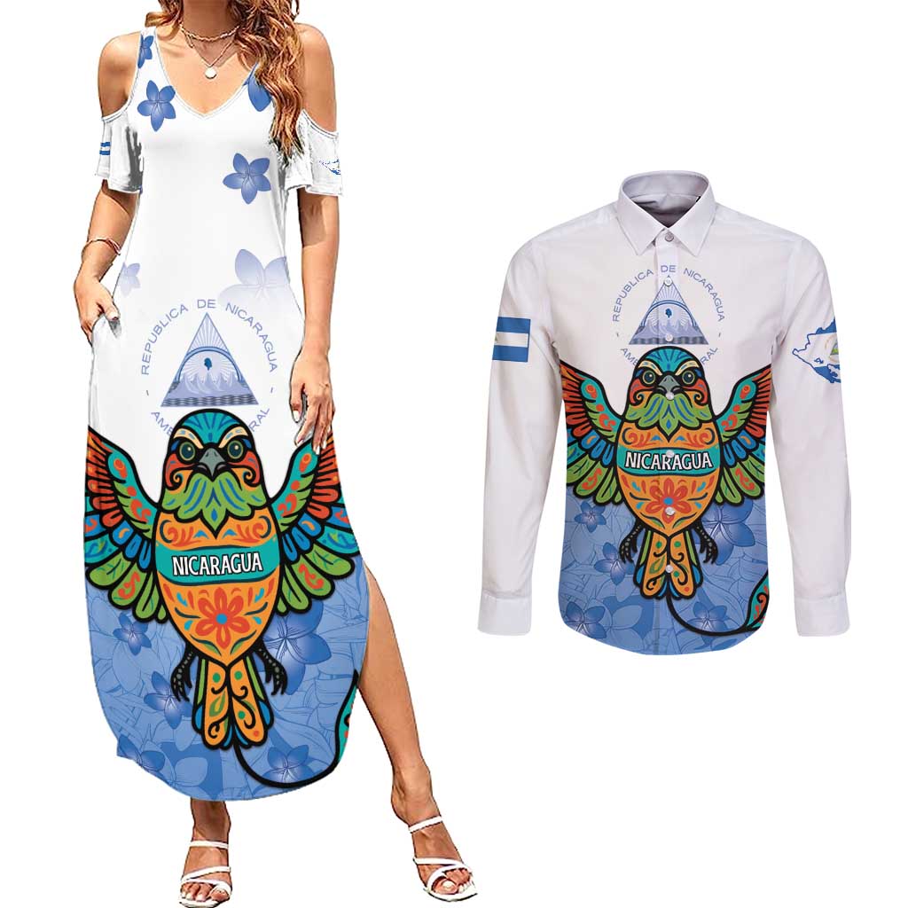 Nicaragua Couples Matching Summer Maxi Dress and Long Sleeve Button Shirt Guardabarranco Bird With Sacuanjoche