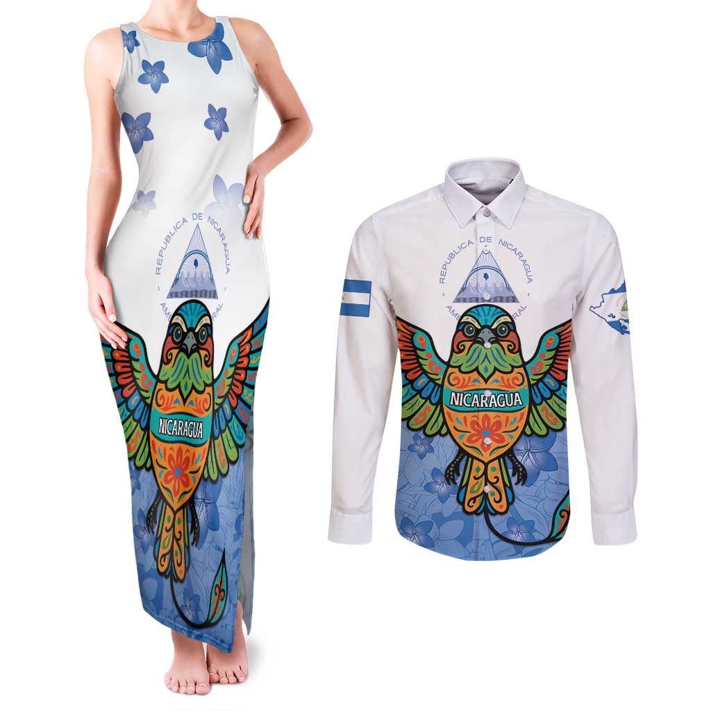 Nicaragua Couples Matching Tank Maxi Dress and Long Sleeve Button Shirt Guardabarranco Bird With Sacuanjoche