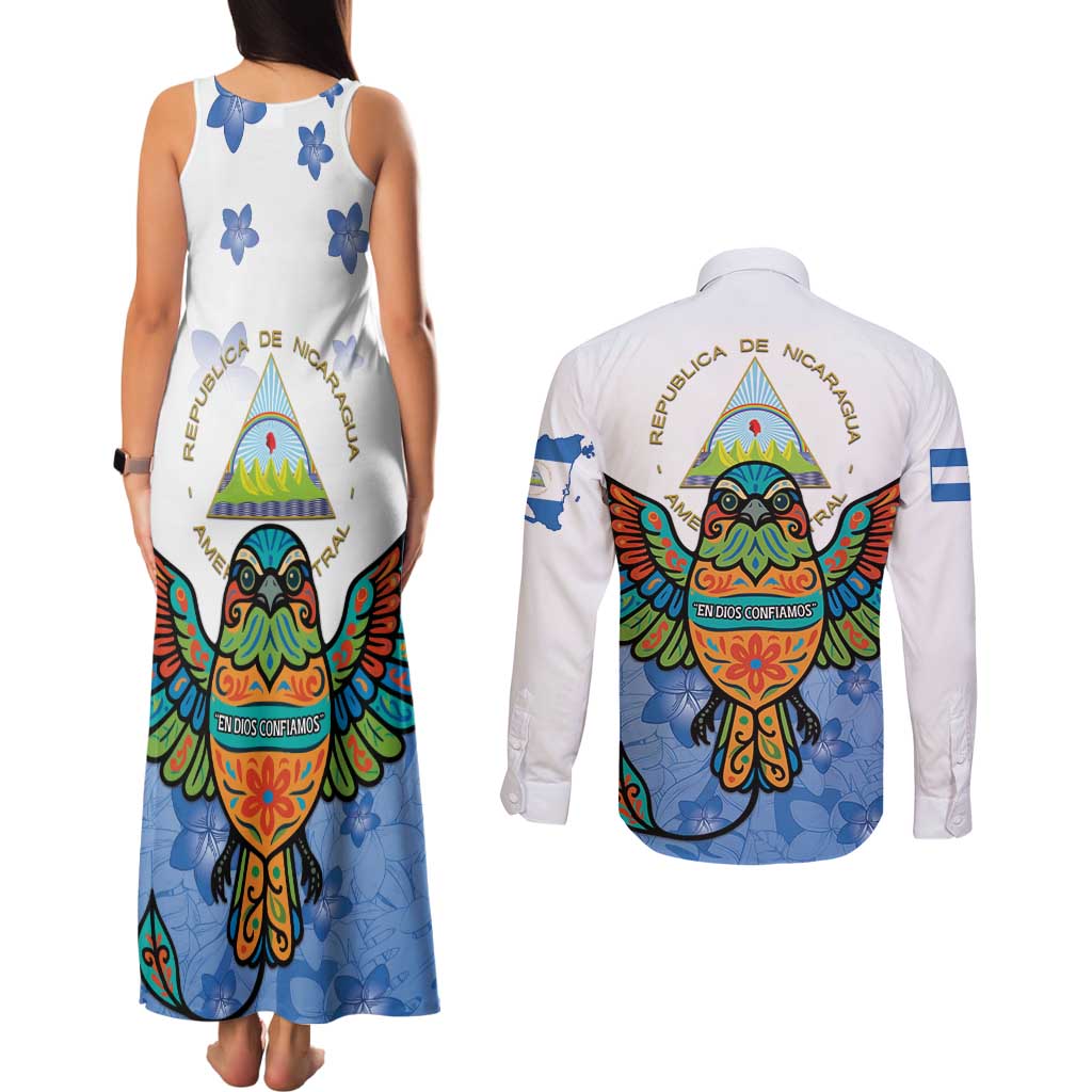 Nicaragua Couples Matching Tank Maxi Dress and Long Sleeve Button Shirt Guardabarranco Bird With Sacuanjoche