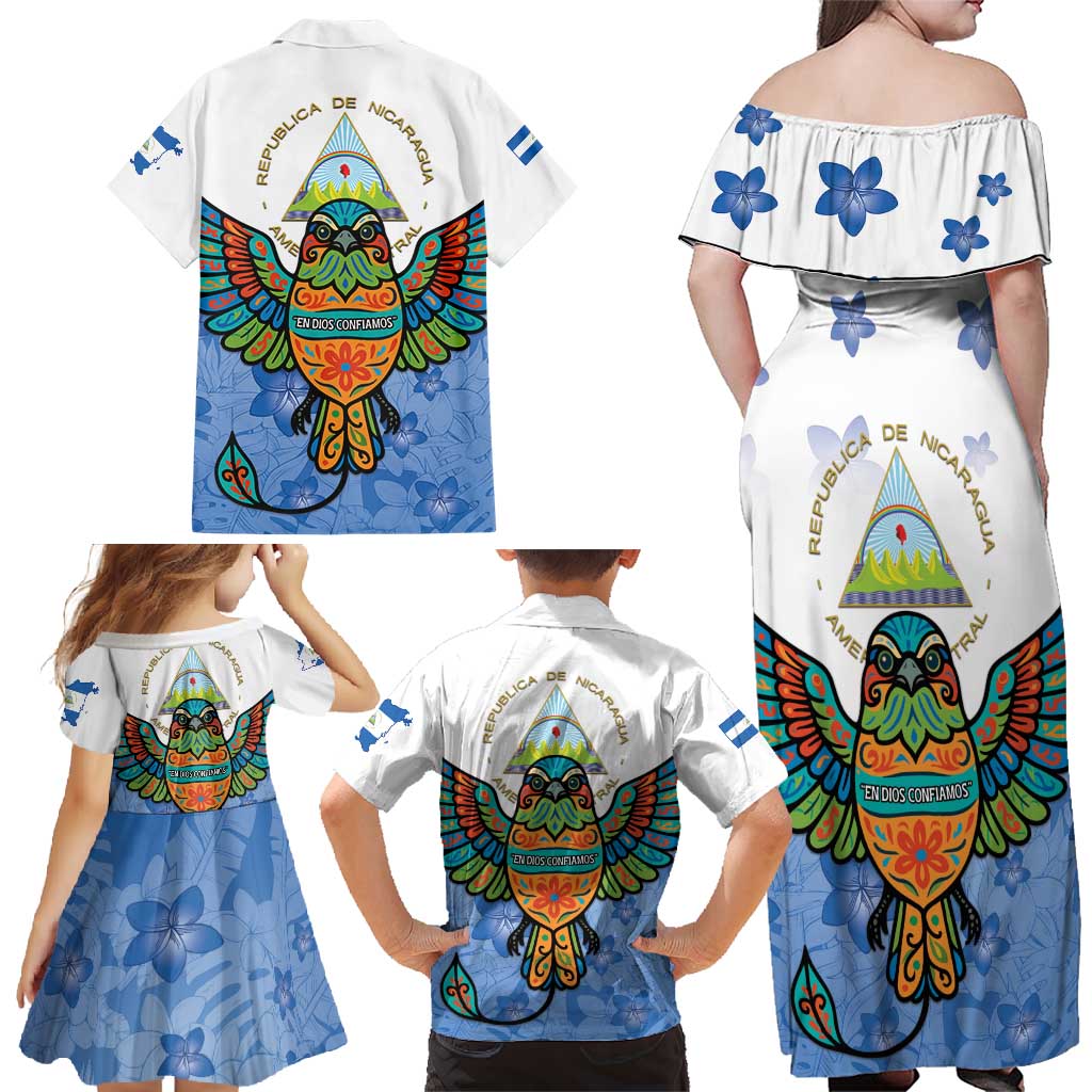 Nicaragua Family Matching Off Shoulder Maxi Dress and Hawaiian Shirt Guardabarranco Bird With Sacuanjoche