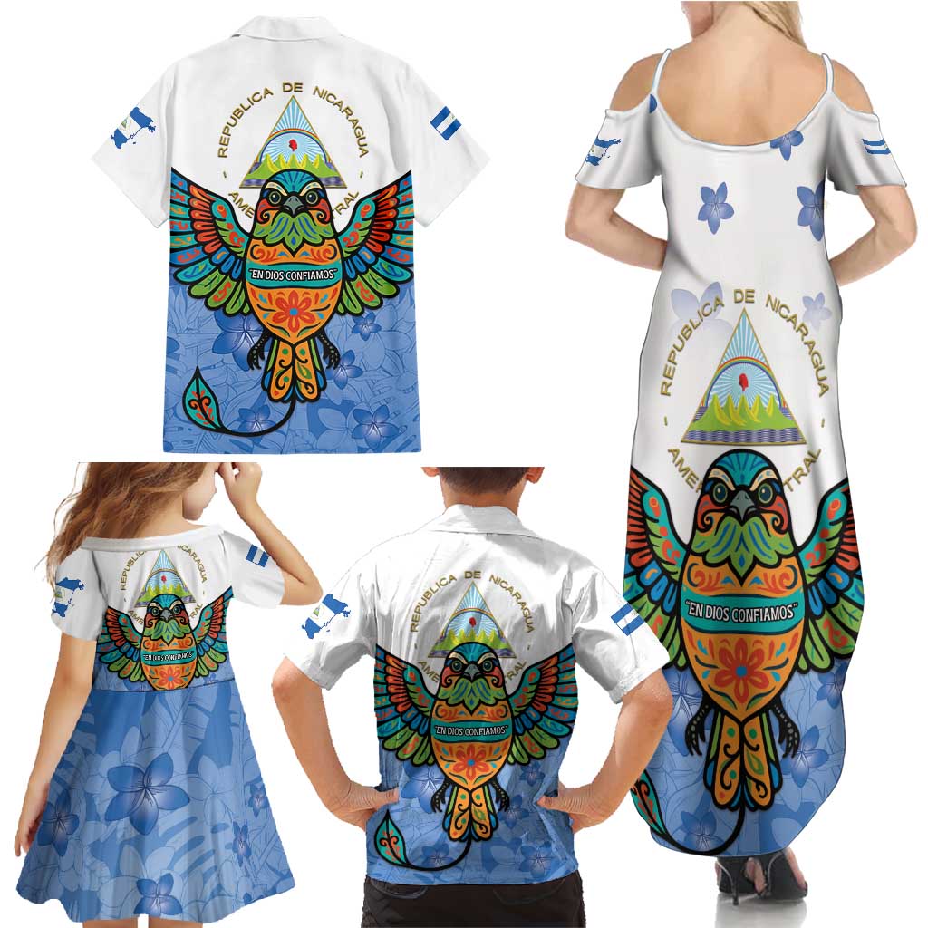 Nicaragua Family Matching Summer Maxi Dress and Hawaiian Shirt Guardabarranco Bird With Sacuanjoche