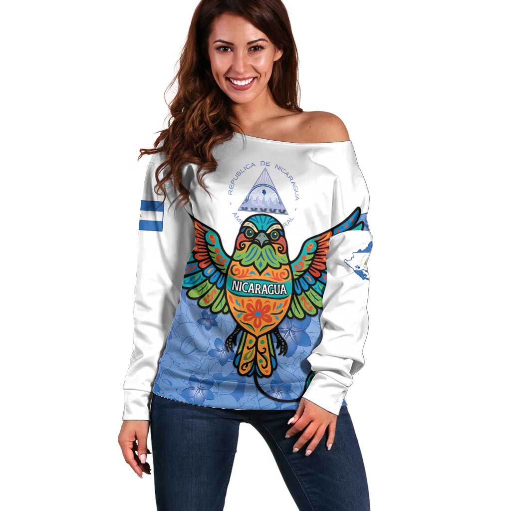 Nicaragua Off Shoulder Sweater Guardabarranco Bird With Sacuanjoche