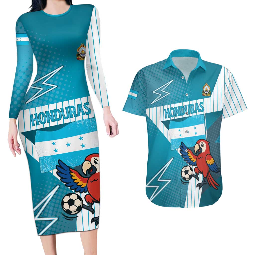 Personalized Honduras Football Couples Matching Long Sleeve Bodycon Dress and Hawaiian Shirt Scarlet Macaw Mascot