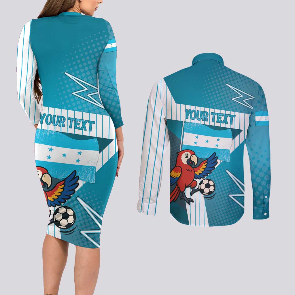 Personalized Honduras Football Couples Matching Long Sleeve Bodycon Dress and Long Sleeve Button Shirt Scarlet Macaw Mascot