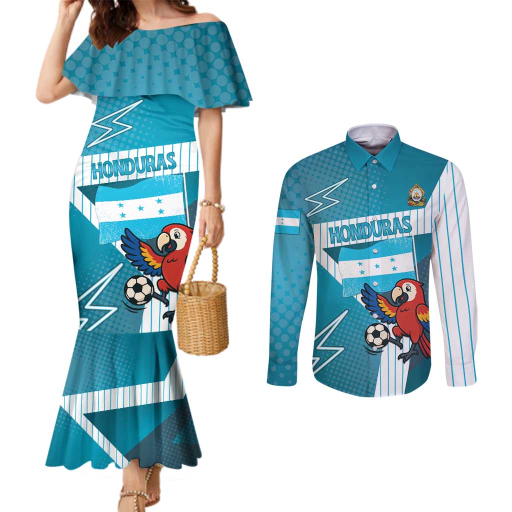 Personalized Honduras Football Couples Matching Mermaid Dress and Long Sleeve Button Shirt Scarlet Macaw Mascot