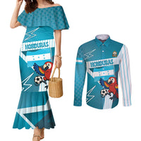 Personalized Honduras Football Couples Matching Mermaid Dress and Long Sleeve Button Shirt Scarlet Macaw Mascot