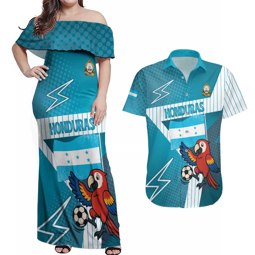 Personalized Honduras Football Couples Matching Off Shoulder Maxi Dress and Hawaiian Shirt Scarlet Macaw Mascot