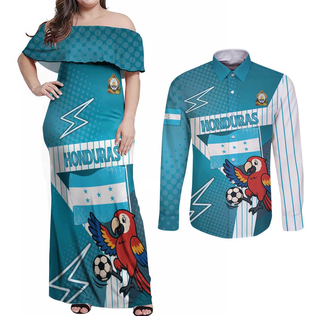 Personalized Honduras Football Couples Matching Off Shoulder Maxi Dress and Long Sleeve Button Shirt Scarlet Macaw Mascot