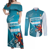 Personalized Honduras Football Couples Matching Off Shoulder Maxi Dress and Long Sleeve Button Shirt Scarlet Macaw Mascot
