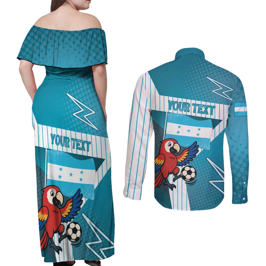 Personalized Honduras Football Couples Matching Off Shoulder Maxi Dress and Long Sleeve Button Shirt Scarlet Macaw Mascot