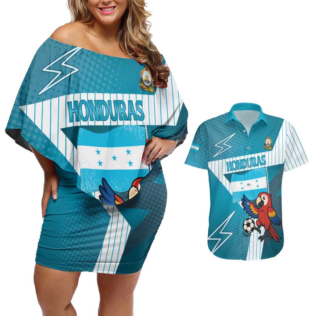 Personalized Honduras Football Couples Matching Off Shoulder Short Dress and Hawaiian Shirt Scarlet Macaw Mascot