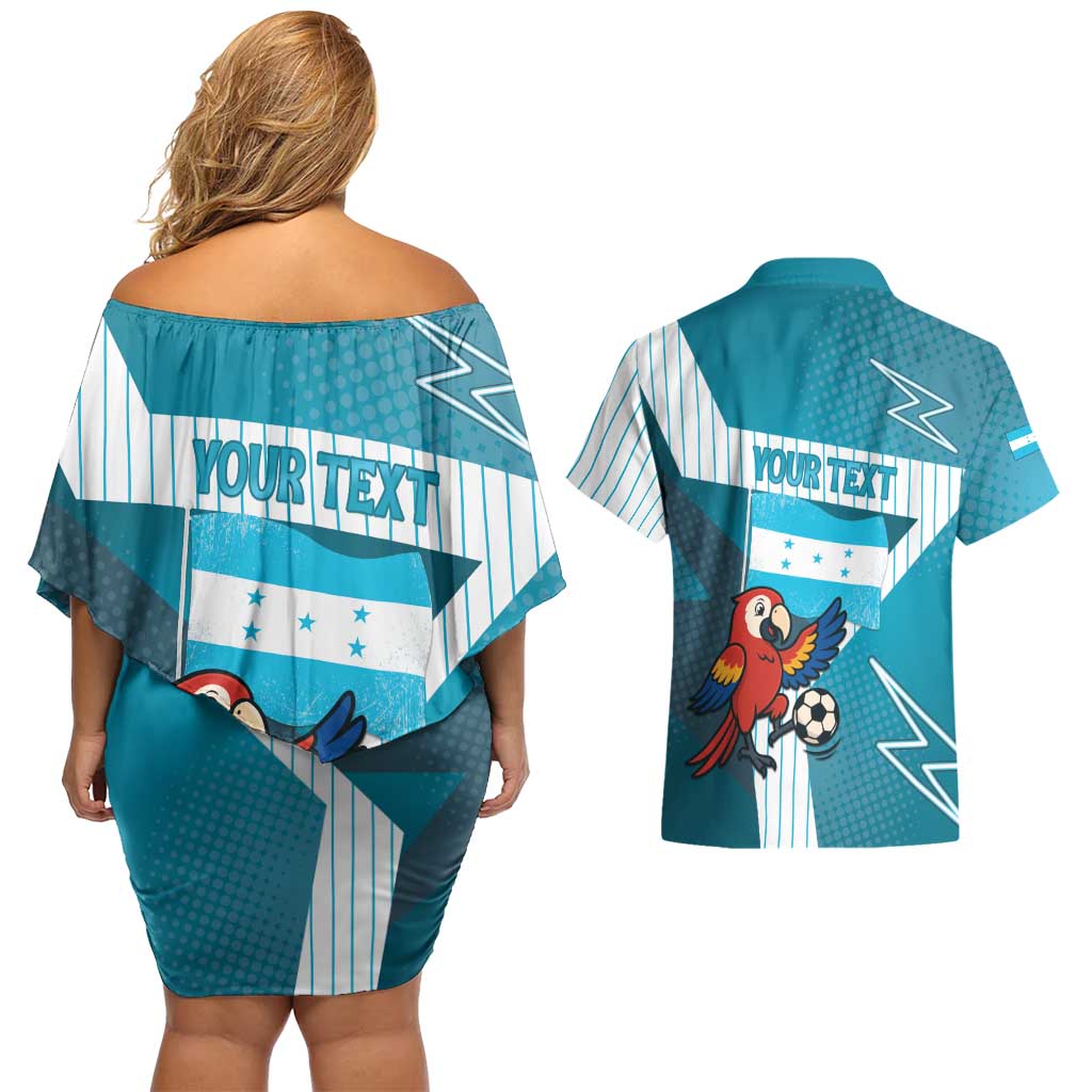 Personalized Honduras Football Couples Matching Off Shoulder Short Dress and Hawaiian Shirt Scarlet Macaw Mascot