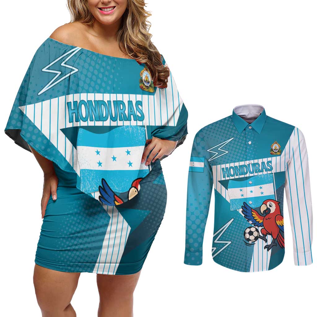 Personalized Honduras Football Couples Matching Off Shoulder Short Dress and Long Sleeve Button Shirt Scarlet Macaw Mascot