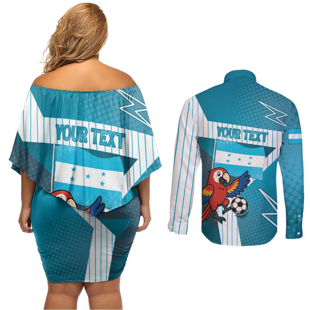 Personalized Honduras Football Couples Matching Off Shoulder Short Dress and Long Sleeve Button Shirt Scarlet Macaw Mascot