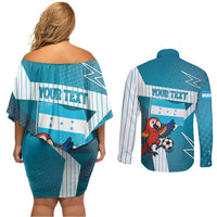 Personalized Honduras Football Couples Matching Off Shoulder Short Dress and Long Sleeve Button Shirt Scarlet Macaw Mascot