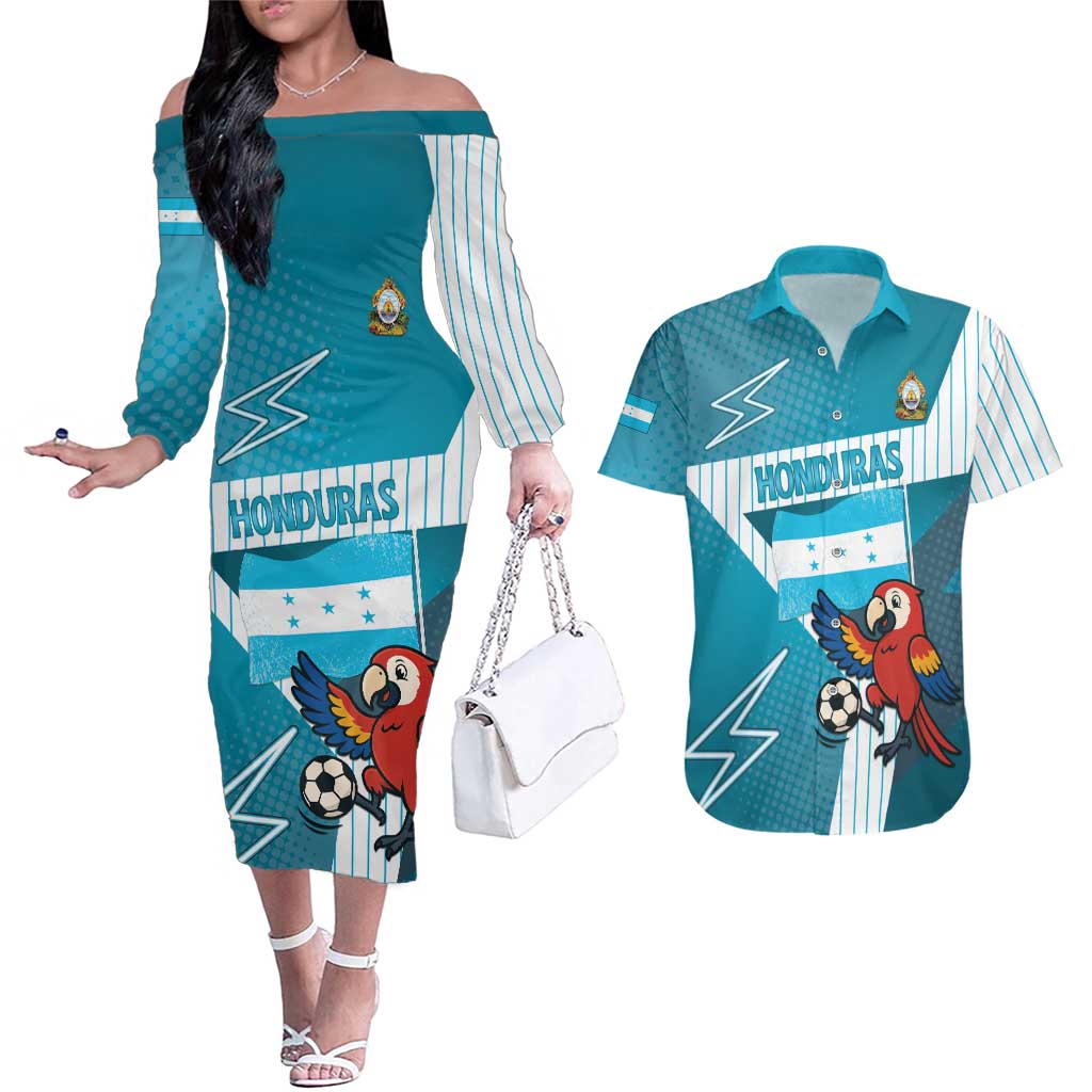 Personalized Honduras Football Couples Matching Off The Shoulder Long Sleeve Dress and Hawaiian Shirt Scarlet Macaw Mascot