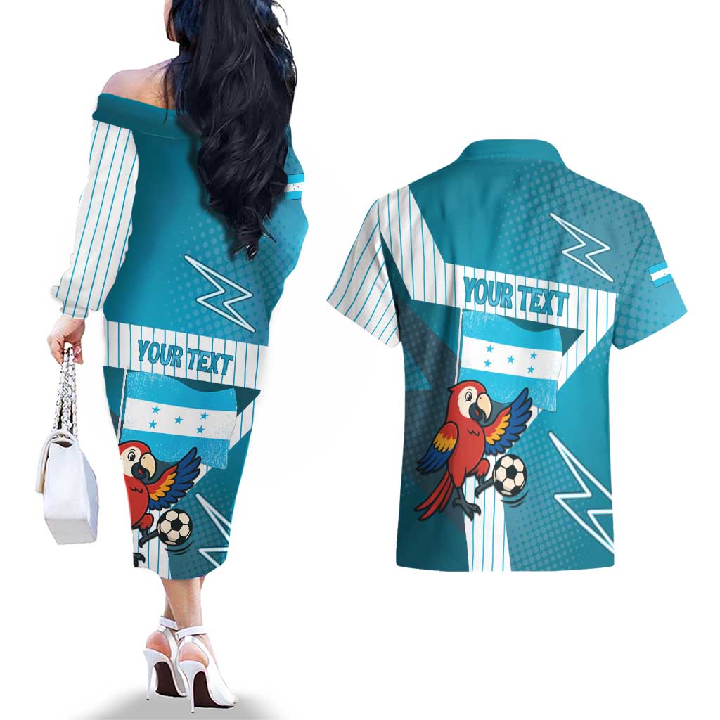 Personalized Honduras Football Couples Matching Off The Shoulder Long Sleeve Dress and Hawaiian Shirt Scarlet Macaw Mascot