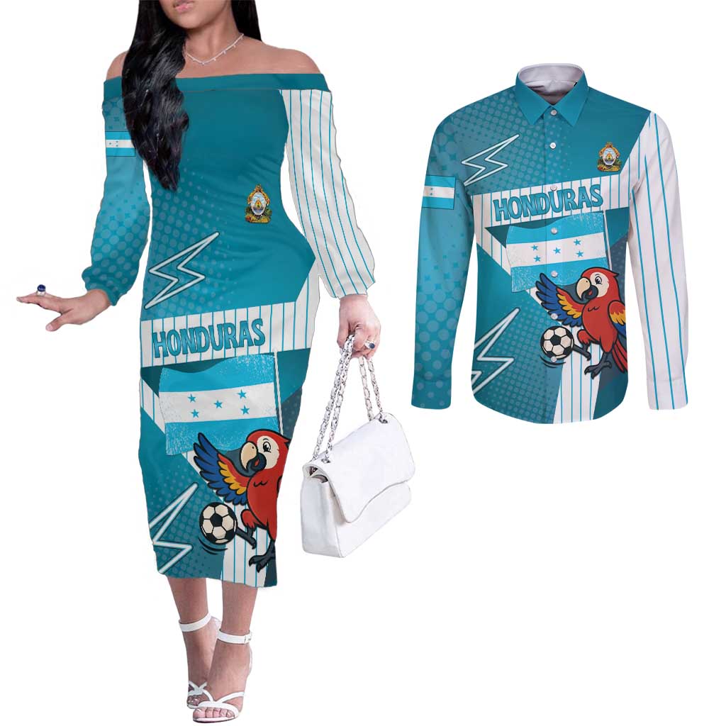 Personalized Honduras Football Couples Matching Off The Shoulder Long Sleeve Dress and Long Sleeve Button Shirt Scarlet Macaw Mascot