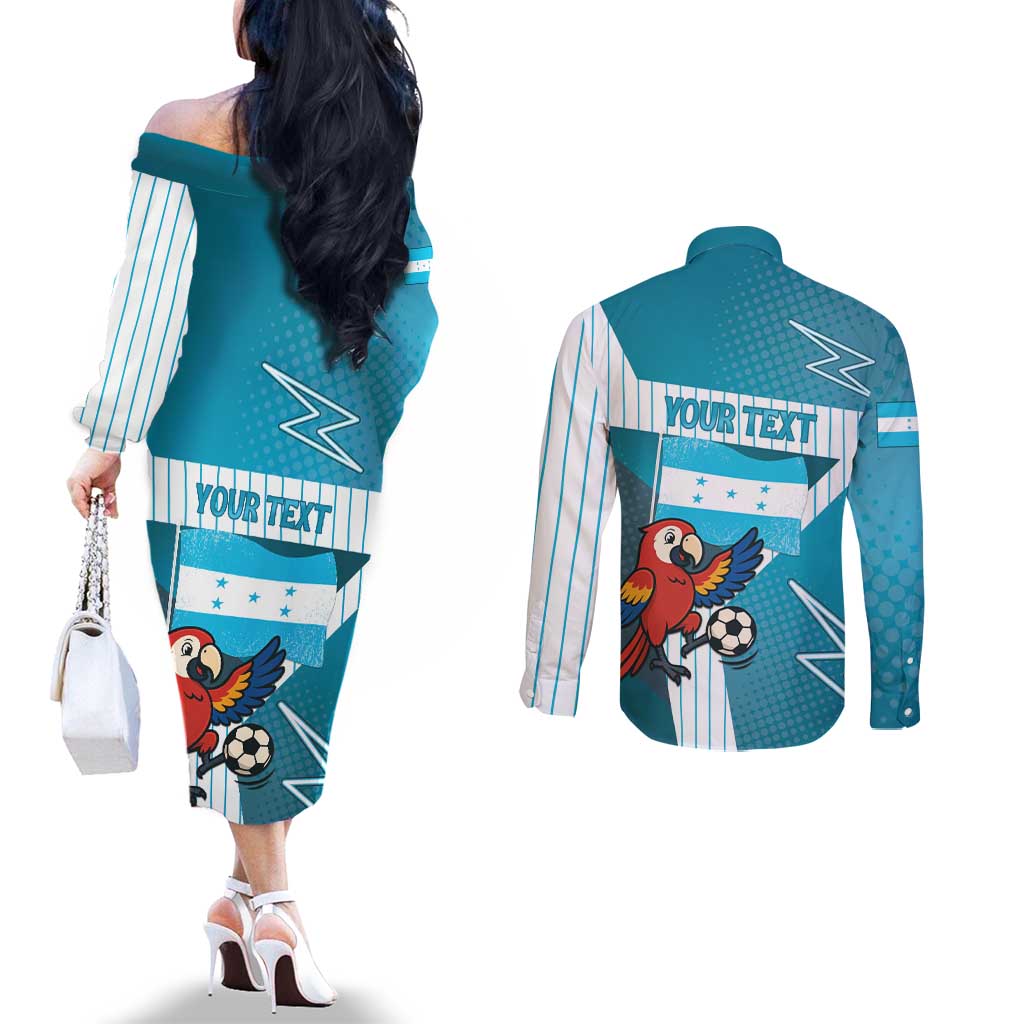 Personalized Honduras Football Couples Matching Off The Shoulder Long Sleeve Dress and Long Sleeve Button Shirt Scarlet Macaw Mascot