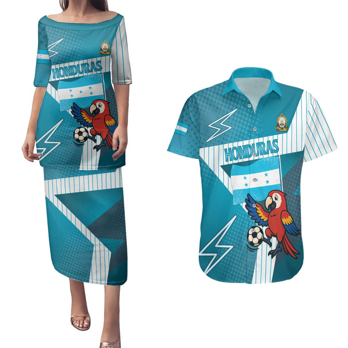 Personalized Honduras Football Couples Matching Puletasi and Hawaiian Shirt Scarlet Macaw Mascot