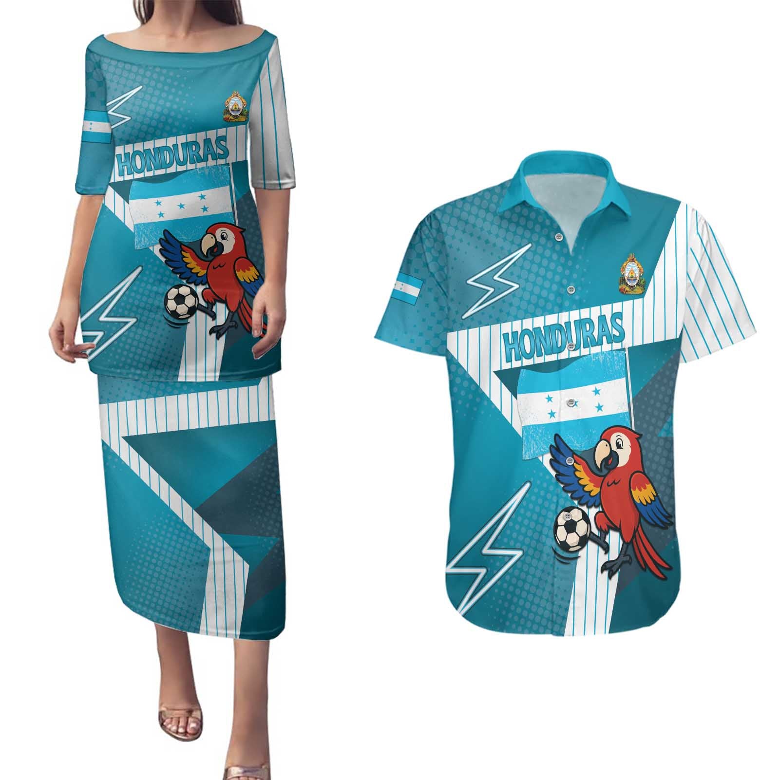 Personalized Honduras Football Couples Matching Puletasi and Hawaiian Shirt Scarlet Macaw Mascot