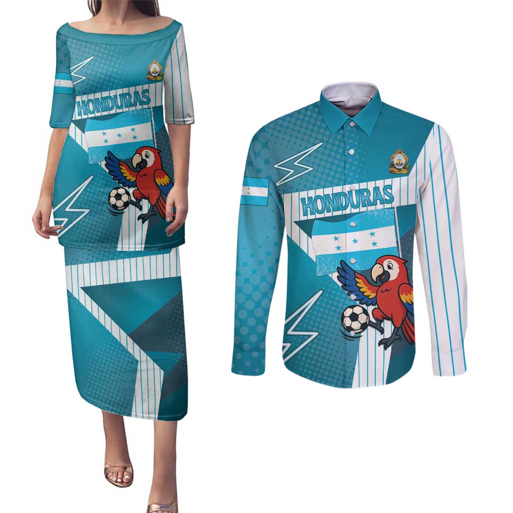 Personalized Honduras Football Couples Matching Puletasi and Long Sleeve Button Shirt Scarlet Macaw Mascot