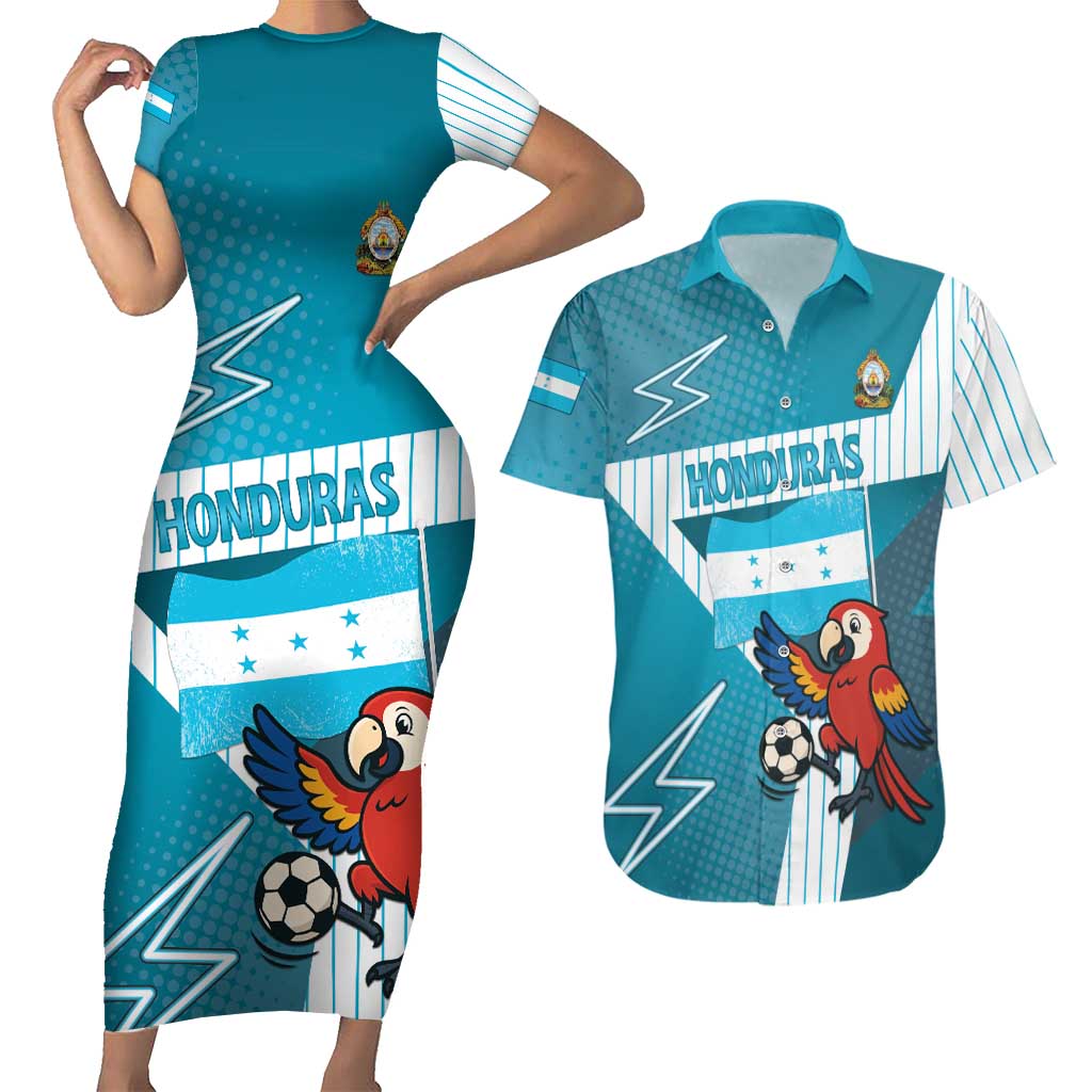 Personalized Honduras Football Couples Matching Short Sleeve Bodycon Dress and Hawaiian Shirt Scarlet Macaw Mascot