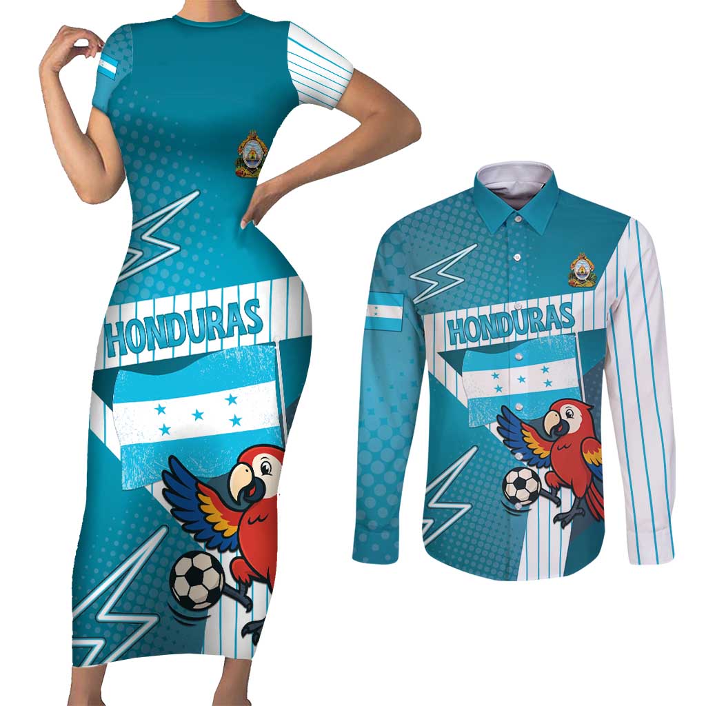 Personalized Honduras Football Couples Matching Short Sleeve Bodycon Dress and Long Sleeve Button Shirt Scarlet Macaw Mascot
