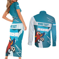 Personalized Honduras Football Couples Matching Short Sleeve Bodycon Dress and Long Sleeve Button Shirt Scarlet Macaw Mascot
